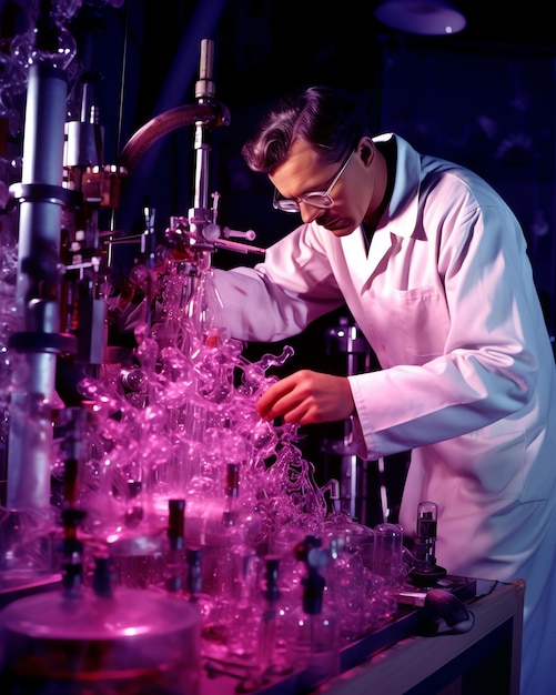IA generativa Um químico masculino segura um tubo de ensaio de vidro em sua mão transborda uma solução líquida de pote
