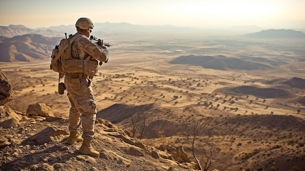 IA generativa, um soldado militar examinando a paisagem