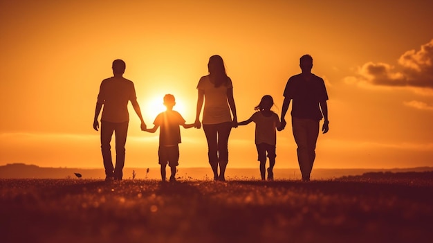 IA generativa, uma enorme família feliz, incluindo mãe, pai, filho e filha ao pôr do sol