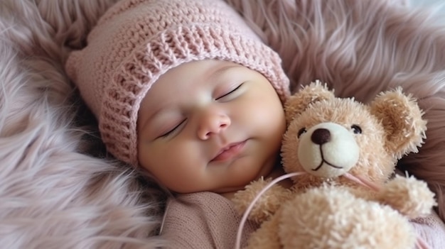 IA generativa, uma menina recém-nascida segurando um ursinho de pelúcia, uma criança saudável e uma mãe feliz