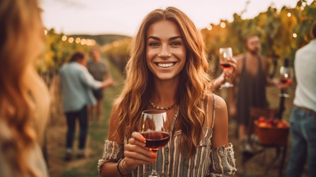 IA generativa, uma mulher feliz bebendo vinho com vários amigos do lado de fora em uma área rural ao entardecer