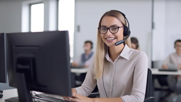 IA generativa, uma operadora de telemarketing alegre e um banner de escritório de vendas de publicidade e help desk