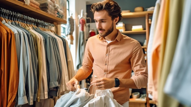 La IA generativa se usa para seleccionar una camisa nueva por parte de un joven apuesto que usa ropa informal.