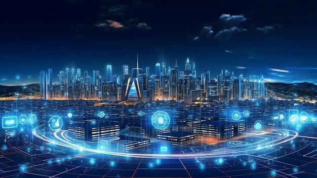 La IA generativa utiliza una interfaz hud con íconos para controlar la infraestructura de una ciudad inteligente a través de Internet