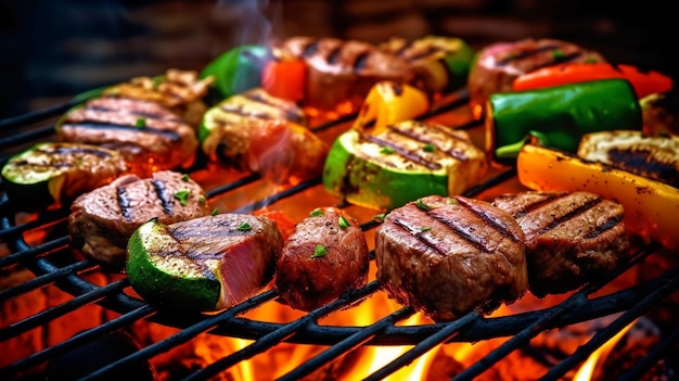 IA generativa Varias suculentas carnes y verduras a la parrilla en una parrilla de barbacoa con humo y llamas sobre hierba verde