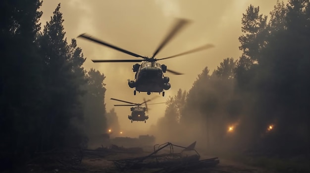 IA generativa varios helicópteros despegan de una pista de aterrizaje