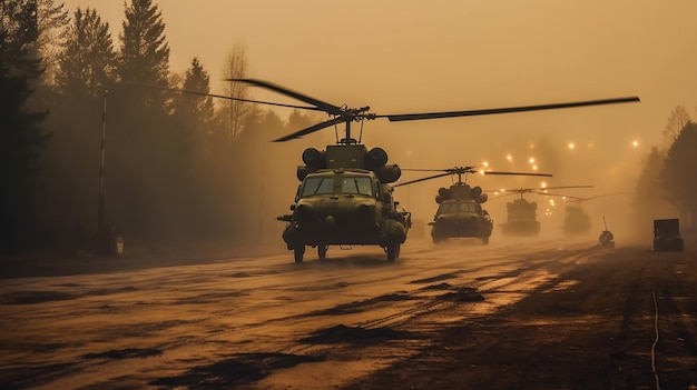 IA generativa varios helicópteros en una pista de aterrizaje