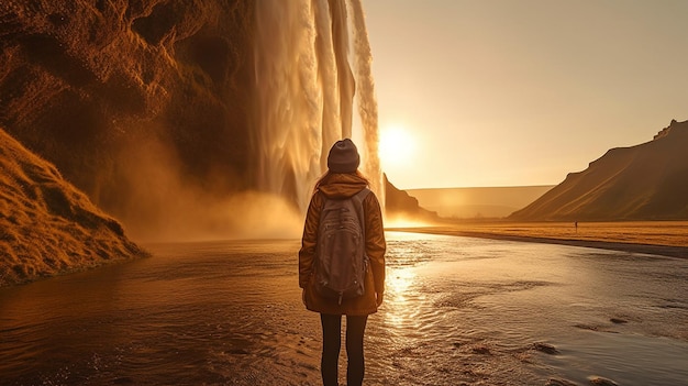 IA generativa una viajera sonriente absorbiendo el poder de la cascada de Seljalandsfoss en el sur de Islandia y una persona de pie detrás del arroyo