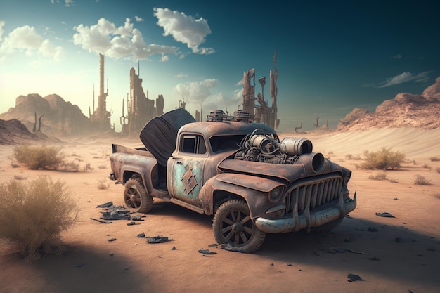 IA generativa de un viejo coche abandonado en el desierto Imagen conceptual