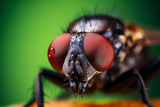 IA generativa Vista de cerca y frontal del ojo rojo de una mosca Fondo borroso