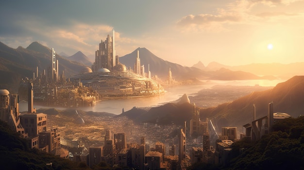 IA generativa de una vista panorámica del paisaje de fantasía con ciudad mística al atardecer