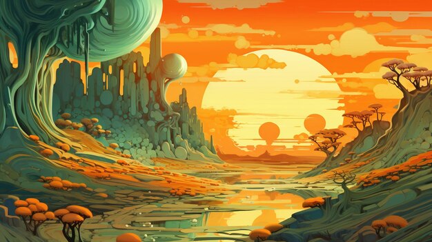 IA generativa Vista surreal da paisagem do planeta laranja e verde ilustração scifi marciano vermelho