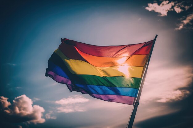 La IA generó una bandera del arco iris de primer plano de la comunidad LGBT que soplaba en el viento con grandes olas