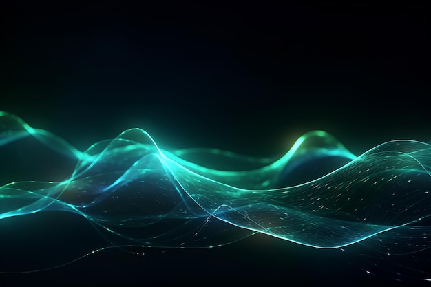 La IA generó un fondo futurista abstracto con líneas de neón verdes y amarillas la onda musical