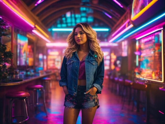 La IA generó una foto de una hermosa chica vestida de moda sobre un fondo de luces de neón