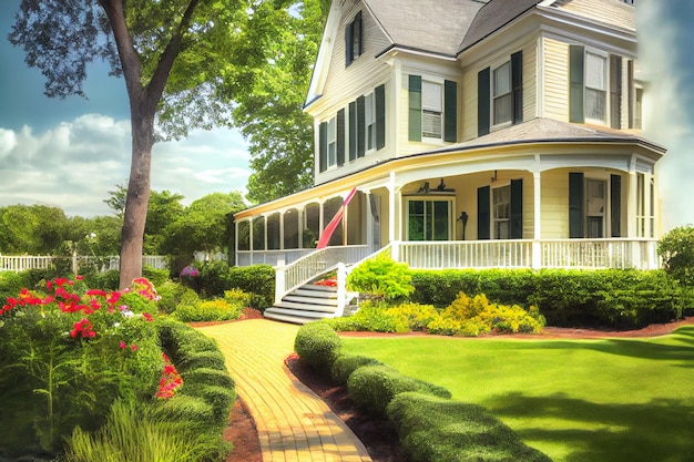 La IA generó una ilustración de una casa grande con un hermoso jardín lleno de plantas con flores en flor.