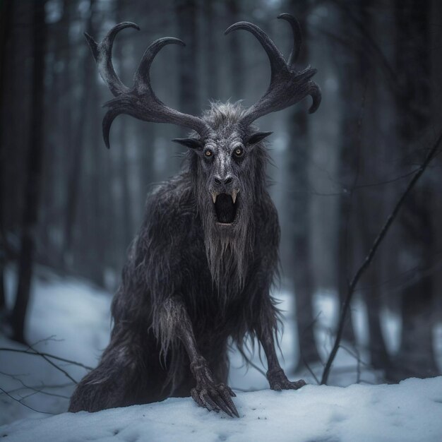 La IA generó una ilustración de una misteriosa criatura mítica con cuernos en un paisaje boscoso invernal