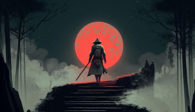 Una IA generó una ilustración de un samurai de pie en una escalera en un bosque por la noche, con una luna roja en el fondo.