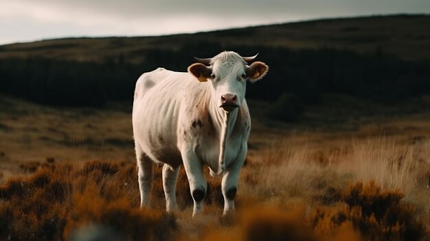 La IA generó una ilustración de una vaca blanca en un exuberante pasto verde, con un paisaje rural al fondo