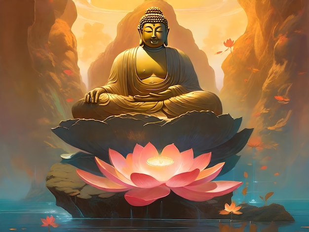 La IA generó una imagen pictórica del Buda gigante en diferentes plataformas ambientadas