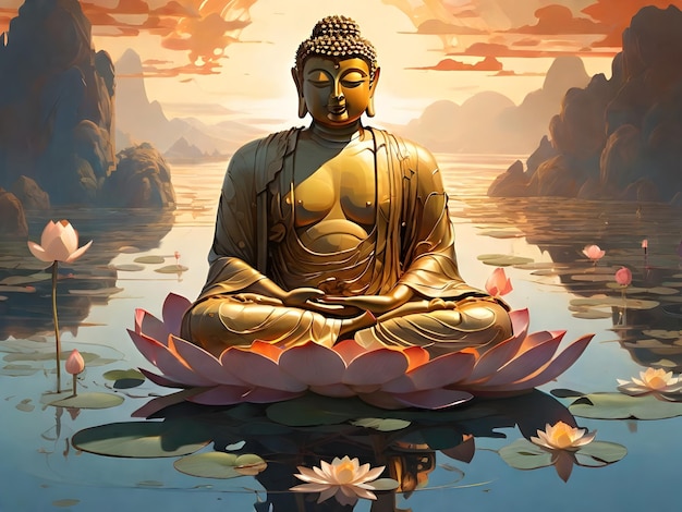 La IA generó una imagen pictórica del Buda gigante en diferentes plataformas ambientadas