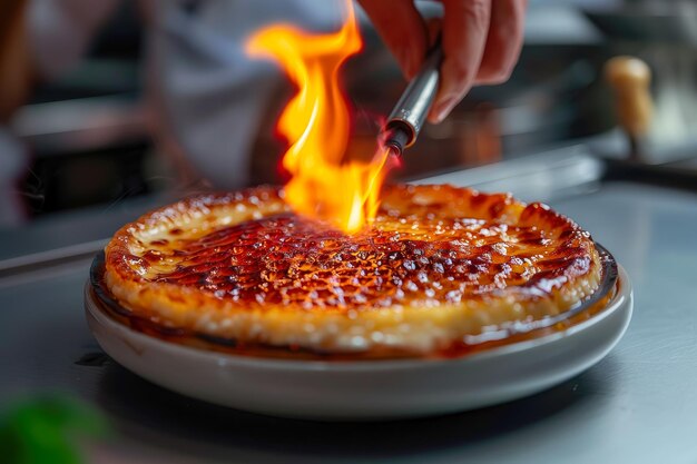 Foto la ia generó un primer plano de un chef flameando un postre llamado crme brle con un encendedor de cocina