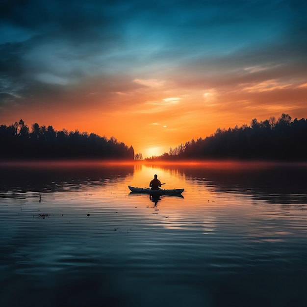 IA generó la serenidad tranquila de un pescador de caña en un lago en calma al atardecer