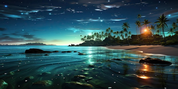 IA Gerada AI Generativa Luz brilhante noturna brilho plâncton mar oceano fundo Ilha de férias náuticas marinhas Ilustração de arte gráfica