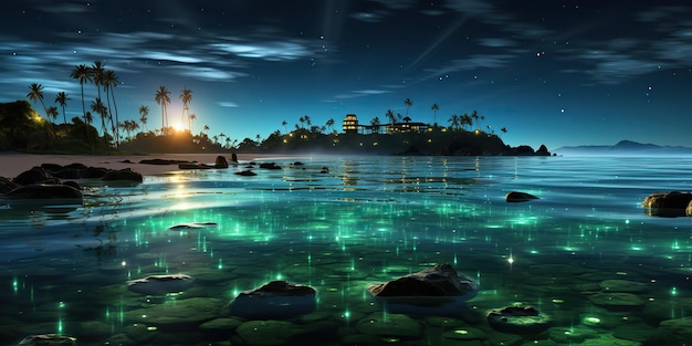 IA Gerada AI Generativa Luz brilhante noturna brilho plâncton mar oceano fundo Ilha de férias náuticas marinhas Ilustração de arte gráfica
