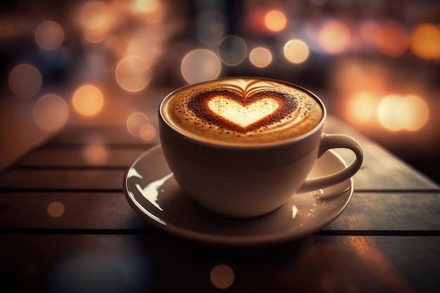 IA gerada de café com leite quente em xícara na mesa de madeira e fundo desfocado na cafeteria