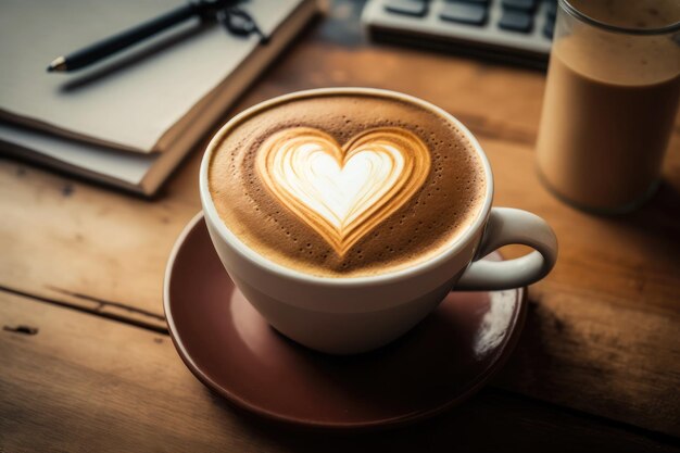 Foto ia gerada de café com leite quente em xícara na mesa de madeira e fundo desfocado na cafeteria