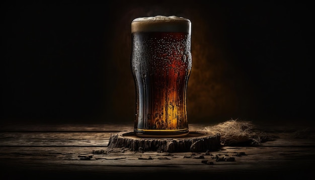 IA gerada de chope e cerveja artesanal em copo alto por luz de fundo em fundo preto