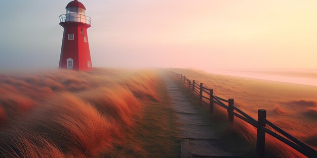 IA Gerada IA Generativa Foto ilustrativa de farol vermelho em campo Aventura vibe Arte Gráfica