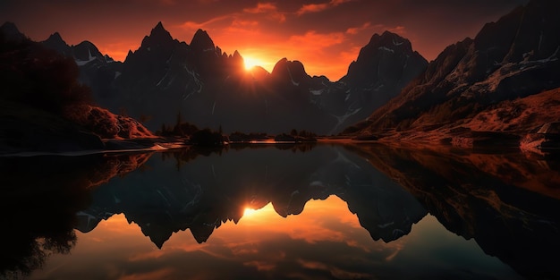 Ia gerada ia generativa linda foto ilustrativa ou pôr do sol no lago da montanha aventura calma vibração