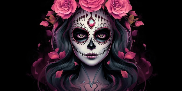 IA Gerada IA Generativa Muertos Mexicano dia latino dos mortos feriado carnaval mulher maquiagem rosto de caveira de açúcar Arte Gráfica