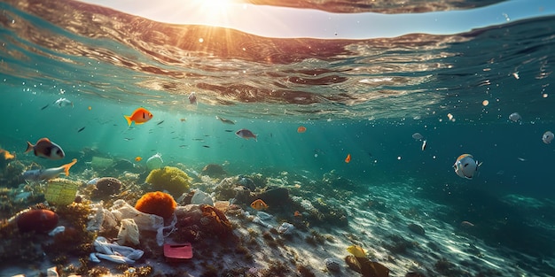 IA Gerada IA Generativa Plástico ecologia oceano água do mar poluição subaquática lixo