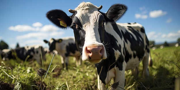 IA Gerada IA Generativa Vaca rosto de animal retrato engraçado frontal na fazenda de campo verde Paisagem