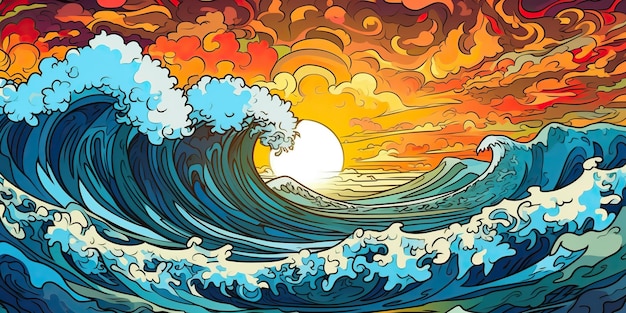 IA Gerada Ilustração IA Generativa das ondas do Havaí céu pôr do sol vibração tropical Arte Gráfica