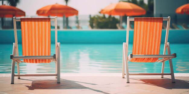 Foto ia gerada por ia generativa duas cadeiras de madeira na piscina férias relaxantes no hotel ilustração de arte gráfica