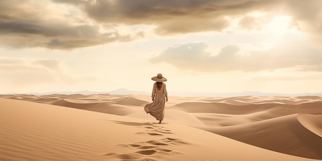 IA gerada por IA generativa Linda mulher caminhando na duna branca amarela Natureza ao ar livre