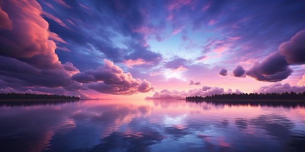 IA gerada por IA generativa roxa cor rosa pôr do sol noite natureza lago ao ar livre com montanhas