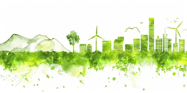 IA gerativa Aquarela verde ecologia paisagem urbana Vida sustentável Horizonte ecológico