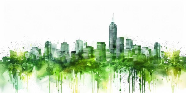 IA gerativa Aquarela verde ecologia paisagem urbana Vida sustentável Horizonte ecológico