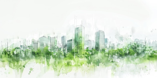 IA gerativa Aquarela verde ecologia paisagem urbana Vida sustentável Horizonte ecológico