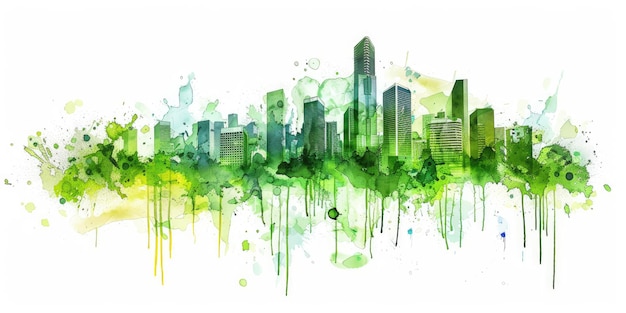 IA gerativa Aquarela verde ecologia paisagem urbana Vida sustentável Horizonte ecológico