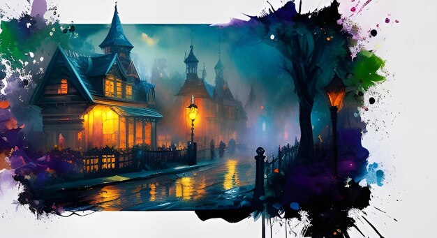 IA gerou elemento com tema de halloween abóbora ilustração da cidade à noite fundo da arte inicial