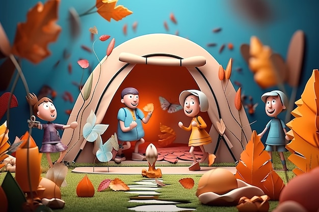 IA na floresta ao ar livre 3D cena de férias de acampamento familiar