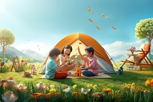 IA na floresta ao ar livre 3D cena de férias de acampamento familiar