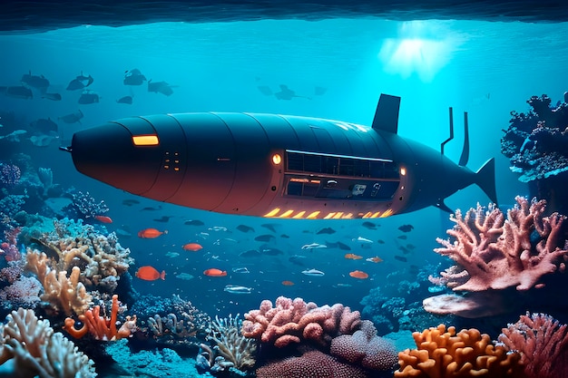 La IA del submarino futurista explorando el arrecife de coral en el mundo submarino profundo