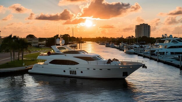 Foto iate de luxo estacionado em um canal com o sol a pôr-se em fort lauderdale